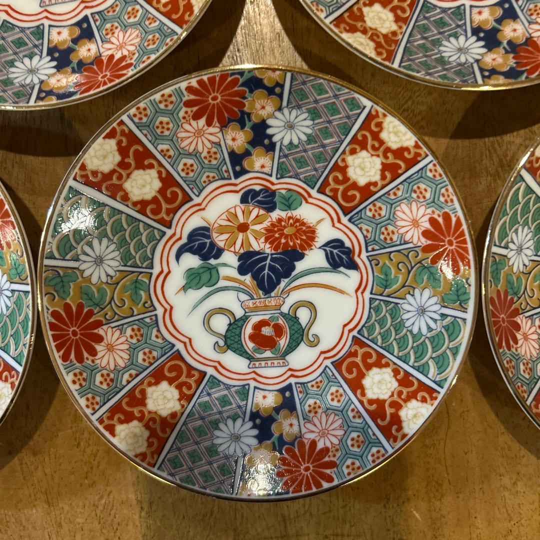 未使用品　有田焼　陶扇　小皿5枚揃え　銘々皿　錦絵　赤絵　金彩