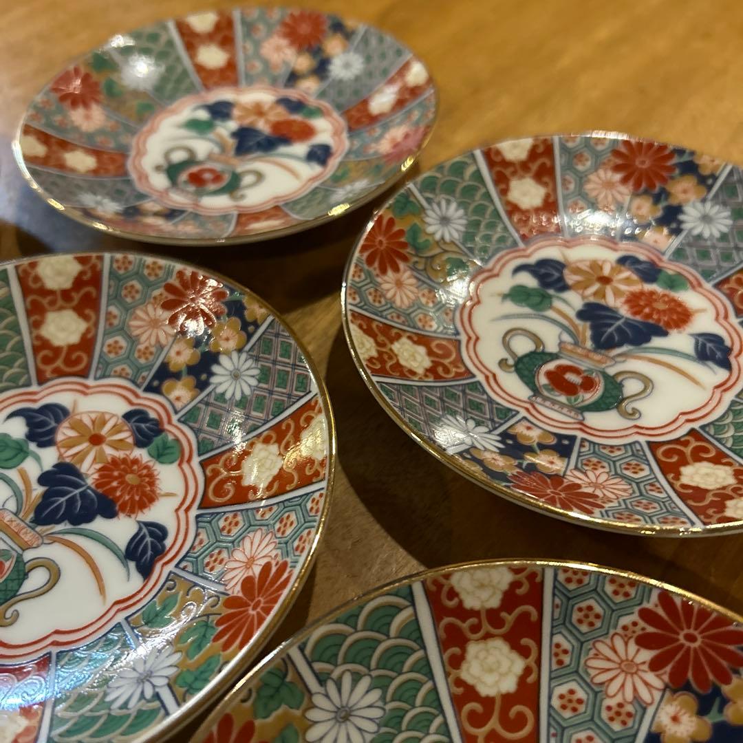 未使用品　有田焼　陶扇　小皿5枚揃え　銘々皿　錦絵　赤絵　金彩