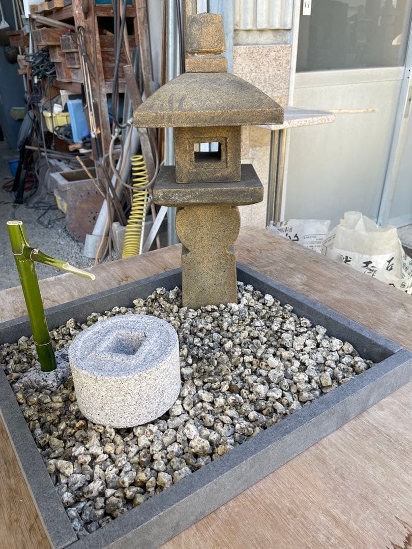 日本庭園　ミニチュア　国産品　手作り 織部灯籠　蹲　オリジナル　筧　セット品