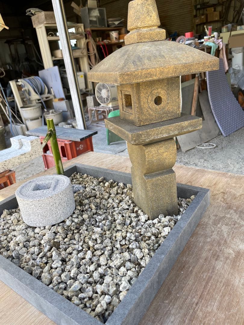 日本庭園　ミニチュア　国産品　手作り 織部灯籠　蹲　オリジナル　筧　セット品