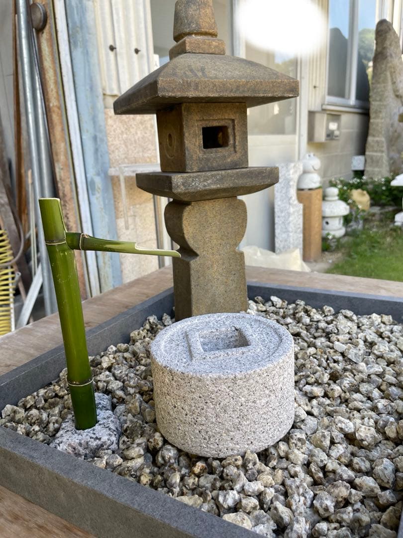 日本庭園　ミニチュア　国産品　手作り 織部灯籠　蹲　オリジナル　筧　セット品