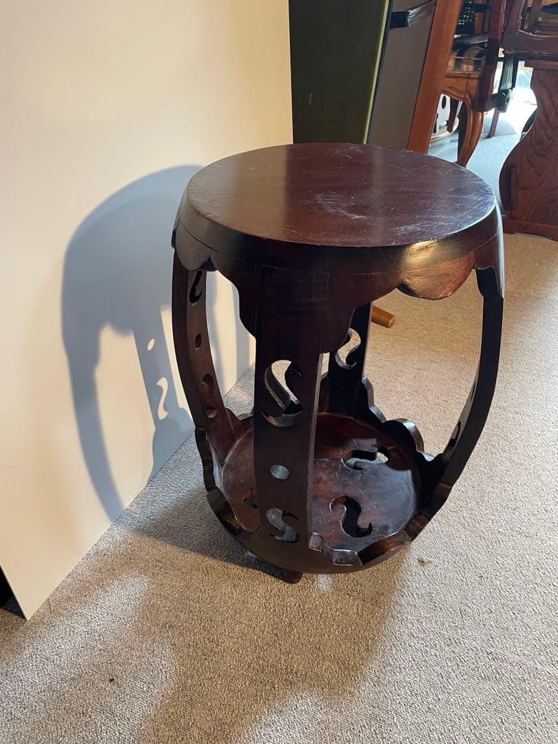 中華風 花台 飾り台 スツール 木製 透かし彫り アンティーク調