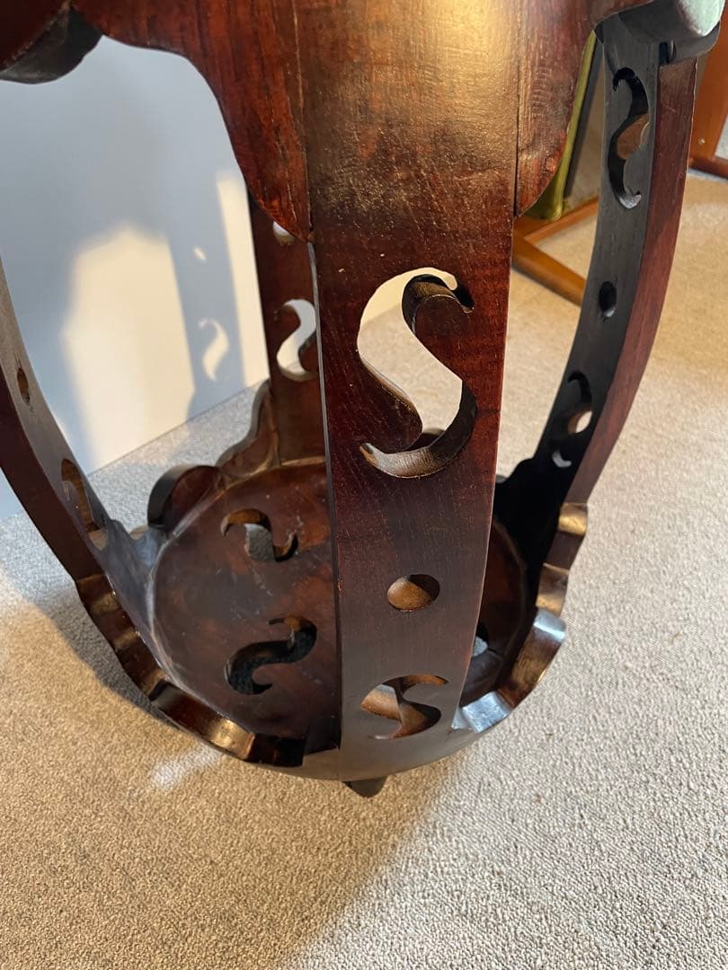 中華風 花台 飾り台 スツール 木製 透かし彫り アンティーク調