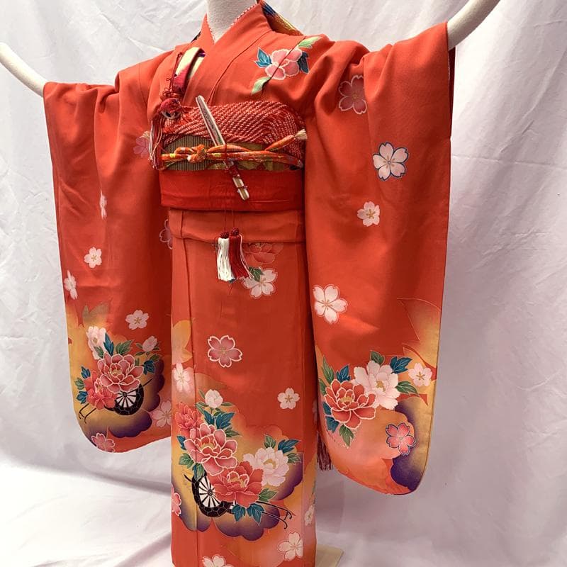 508ag23□七五三 七歳 女児 着物&袋帯&長襦袢 金彩 花車□美品