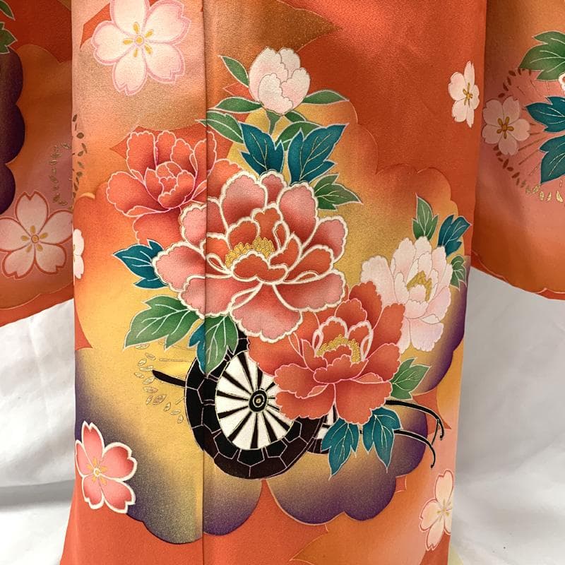 508ag23□七五三 七歳 女児 着物&袋帯&長襦袢 金彩 花車□美品