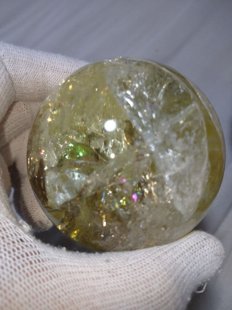 天然石■シトリン■虹(レインボー)入り■丸玉■スフィア■台座付き