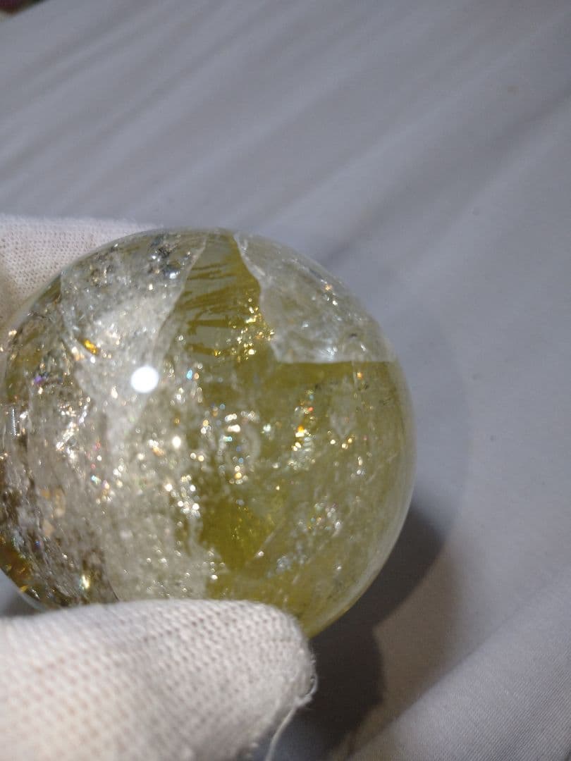 天然石■シトリン■虹(レインボー)入り■丸玉■スフィア■台座付き