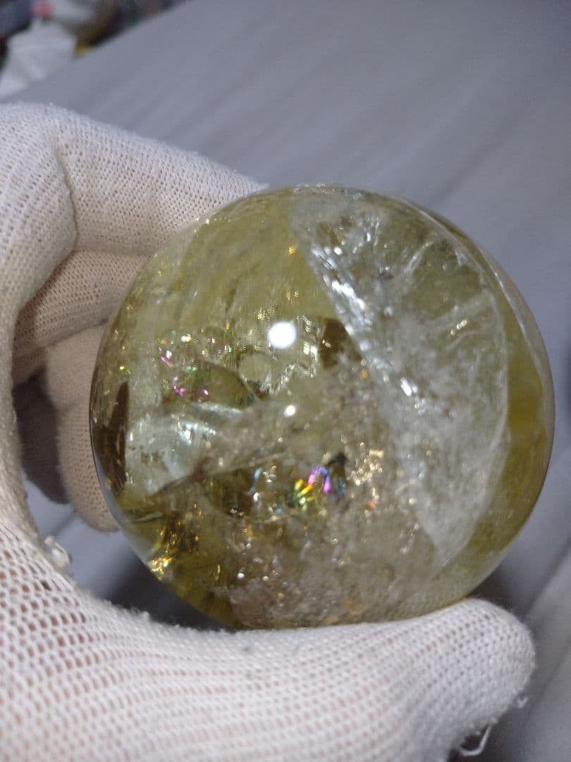 天然石■シトリン■虹(レインボー)入り■丸玉■スフィア■台座付き