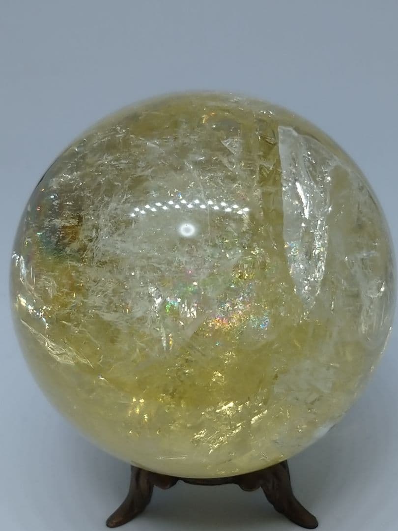 天然石■シトリン■虹(レインボー)入り■丸玉■スフィア■台座付き