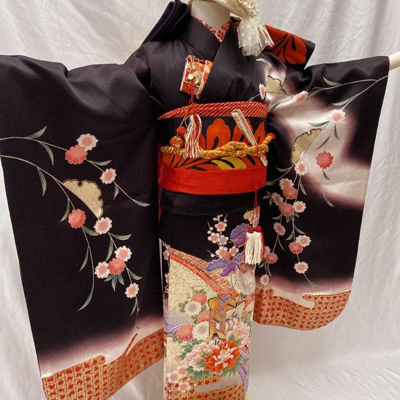509ag30◎七五三 七歳 女児 着物&袋帯 金彩 枝垂桜 黒◎
