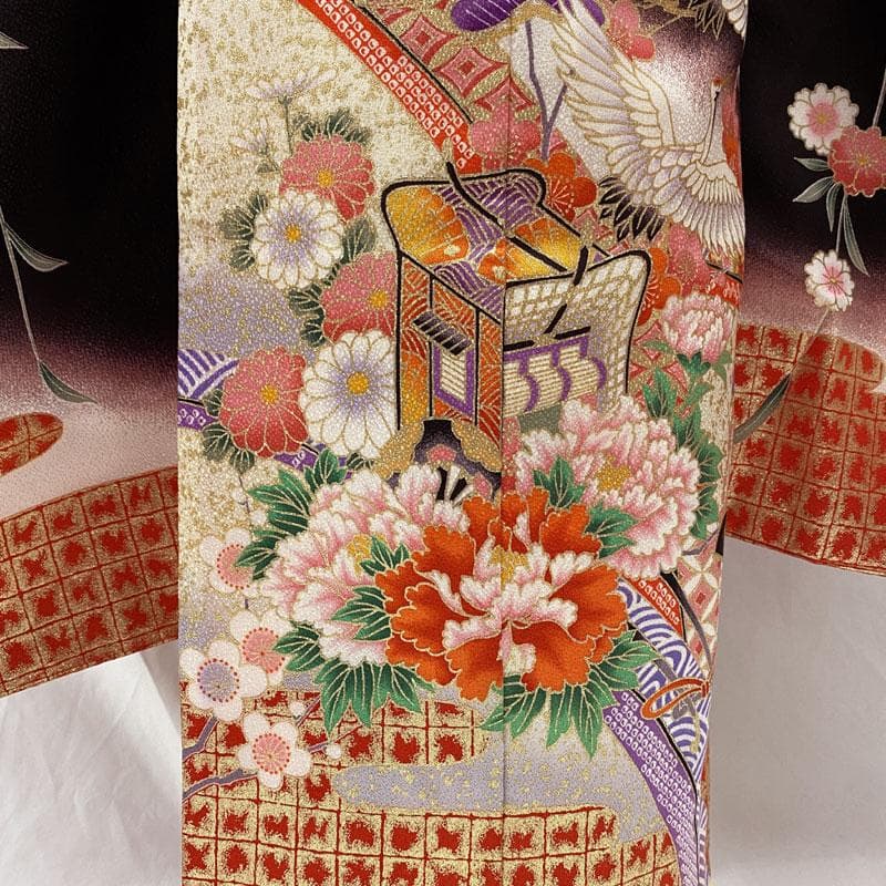 509ag30◎七五三 七歳 女児 着物&袋帯 金彩 枝垂桜 黒◎