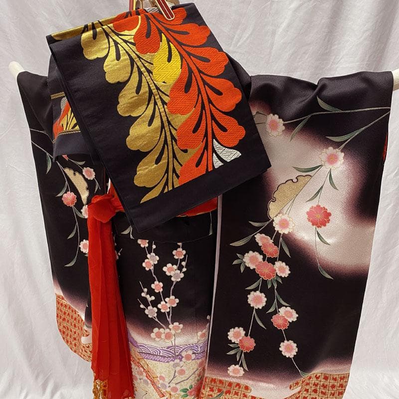 509ag30◎七五三 七歳 女児 着物&袋帯 金彩 枝垂桜 黒◎