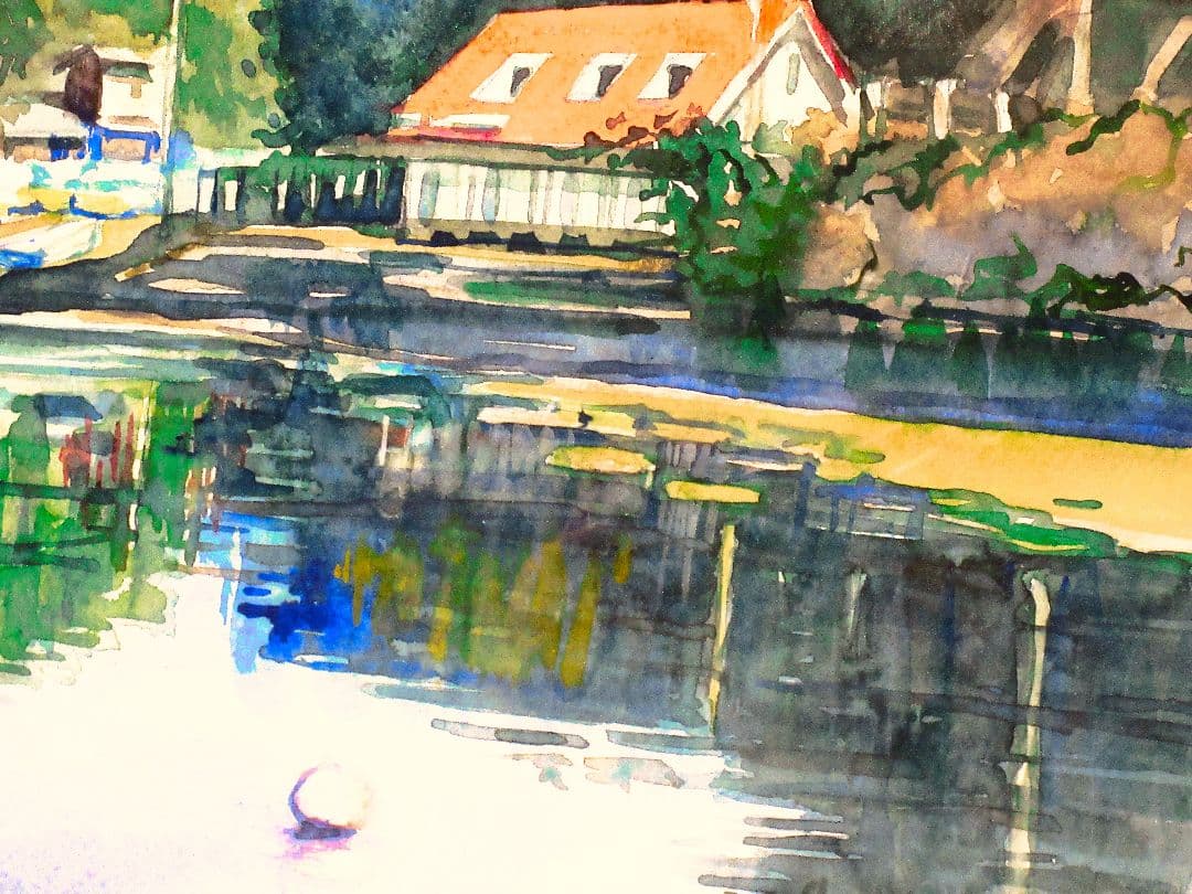 赤い屋根の別荘(水彩画 木製フレーム付き)