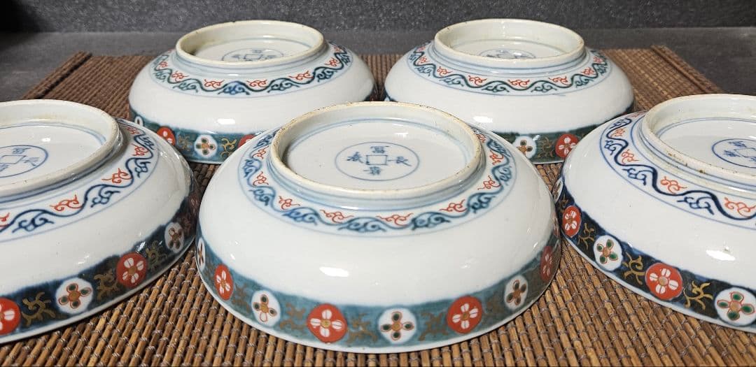 江戸時代末期　献上古伊万里様式　錦手　鳳凰に桐葉文　15.5cm   深皿　5客