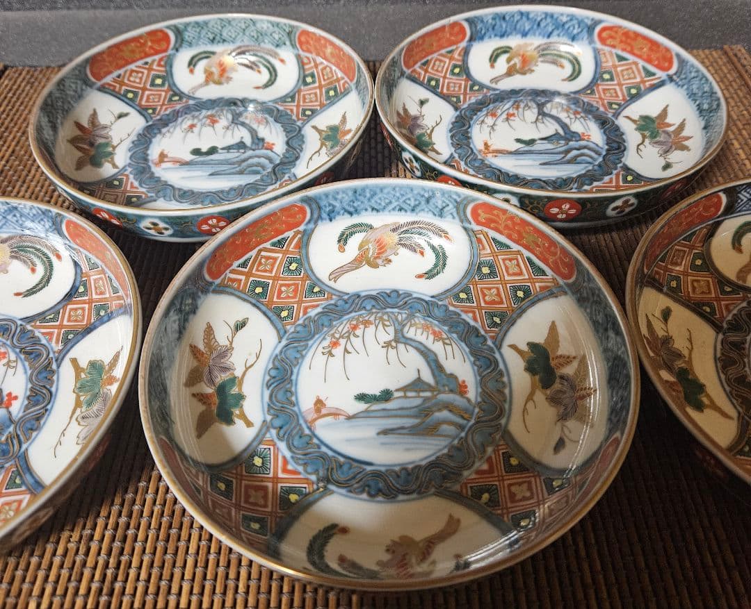 江戸時代末期　献上古伊万里様式　錦手　鳳凰に桐葉文　15.5cm   深皿　5客