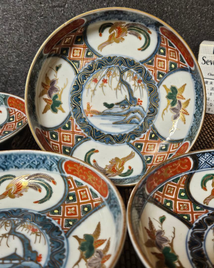 江戸時代末期　献上古伊万里様式　錦手　鳳凰に桐葉文　15.5cm   深皿　5客