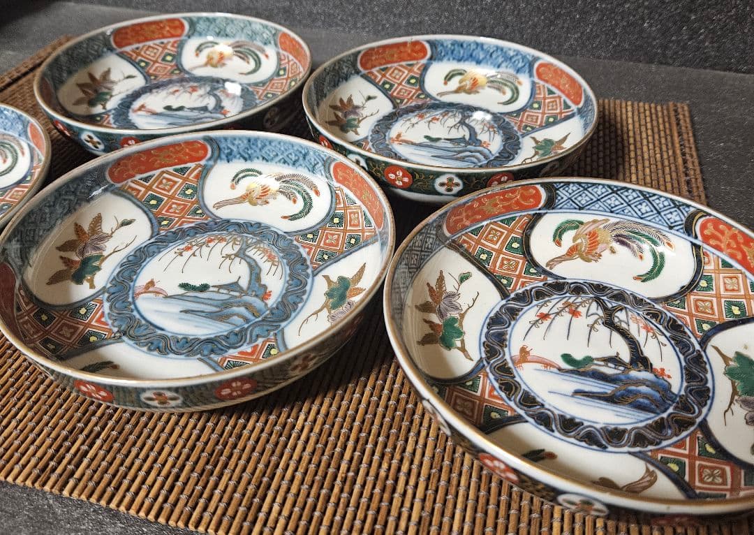 江戸時代末期　献上古伊万里様式　錦手　鳳凰に桐葉文　15.5cm   深皿　5客