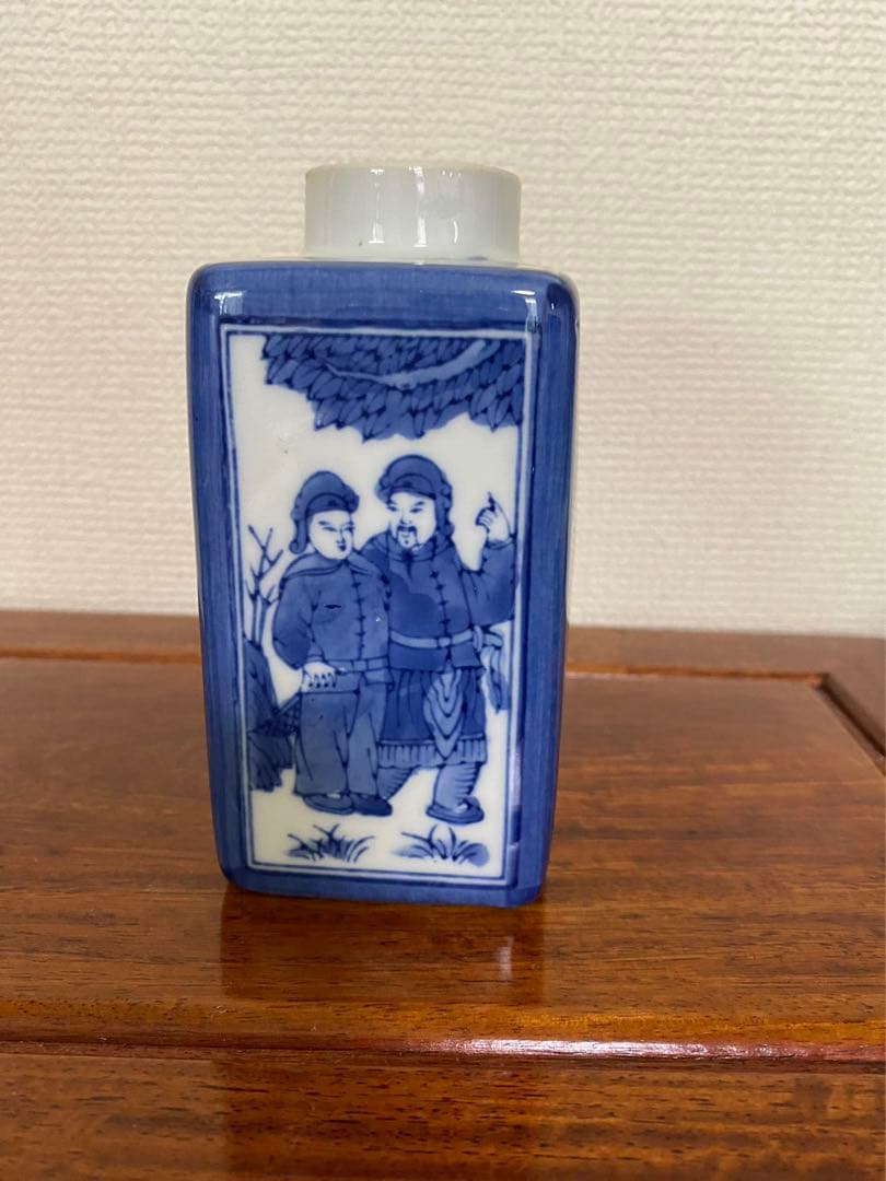 太平天国 青花磁器 文官武将聖母図　茶葉罐 茶壺　蓋欠無傷 古玩 骨董品