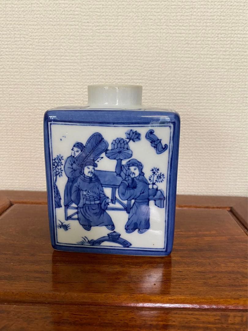 太平天国 青花磁器 文官武将聖母図　茶葉罐 茶壺　蓋欠無傷 古玩 骨董品