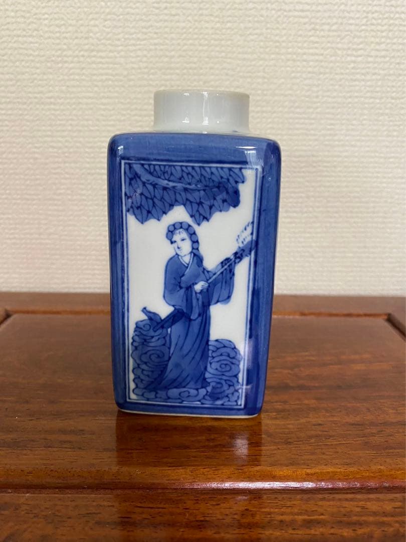 太平天国 青花磁器 文官武将聖母図　茶葉罐 茶壺　蓋欠無傷 古玩 骨董品