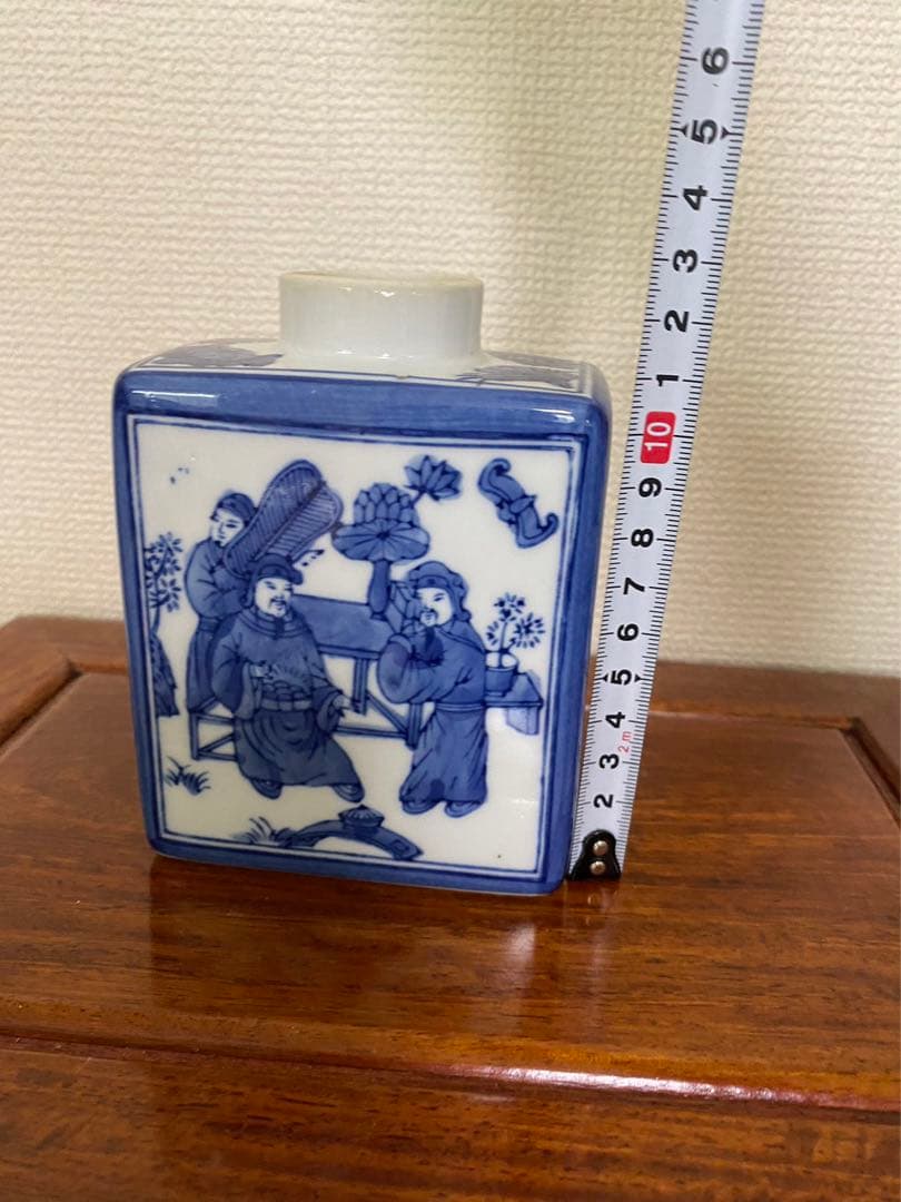 太平天国 青花磁器 文官武将聖母図　茶葉罐 茶壺　蓋欠無傷 古玩 骨董品