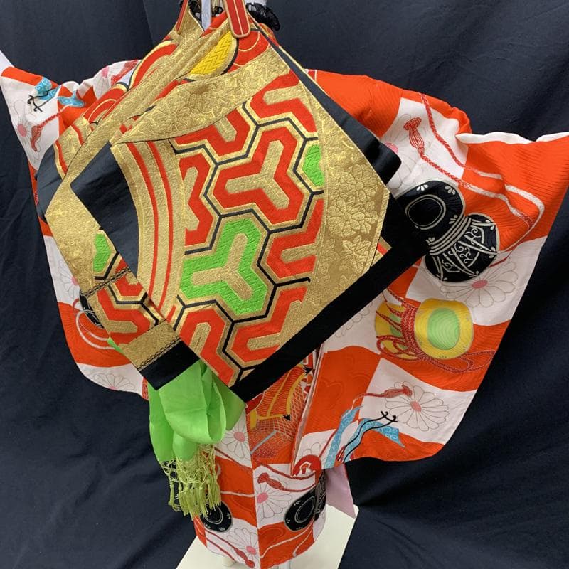 501ag39□七五三 七歳 セミアンティーク風 女児 着物&袋帯 菊 御所車□