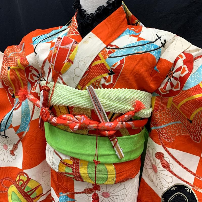 501ag39□七五三 七歳 セミアンティーク風 女児 着物&袋帯 菊 御所車□