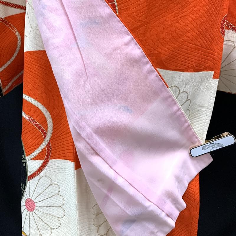 501ag39□七五三 七歳 セミアンティーク風 女児 着物&袋帯 菊 御所車□