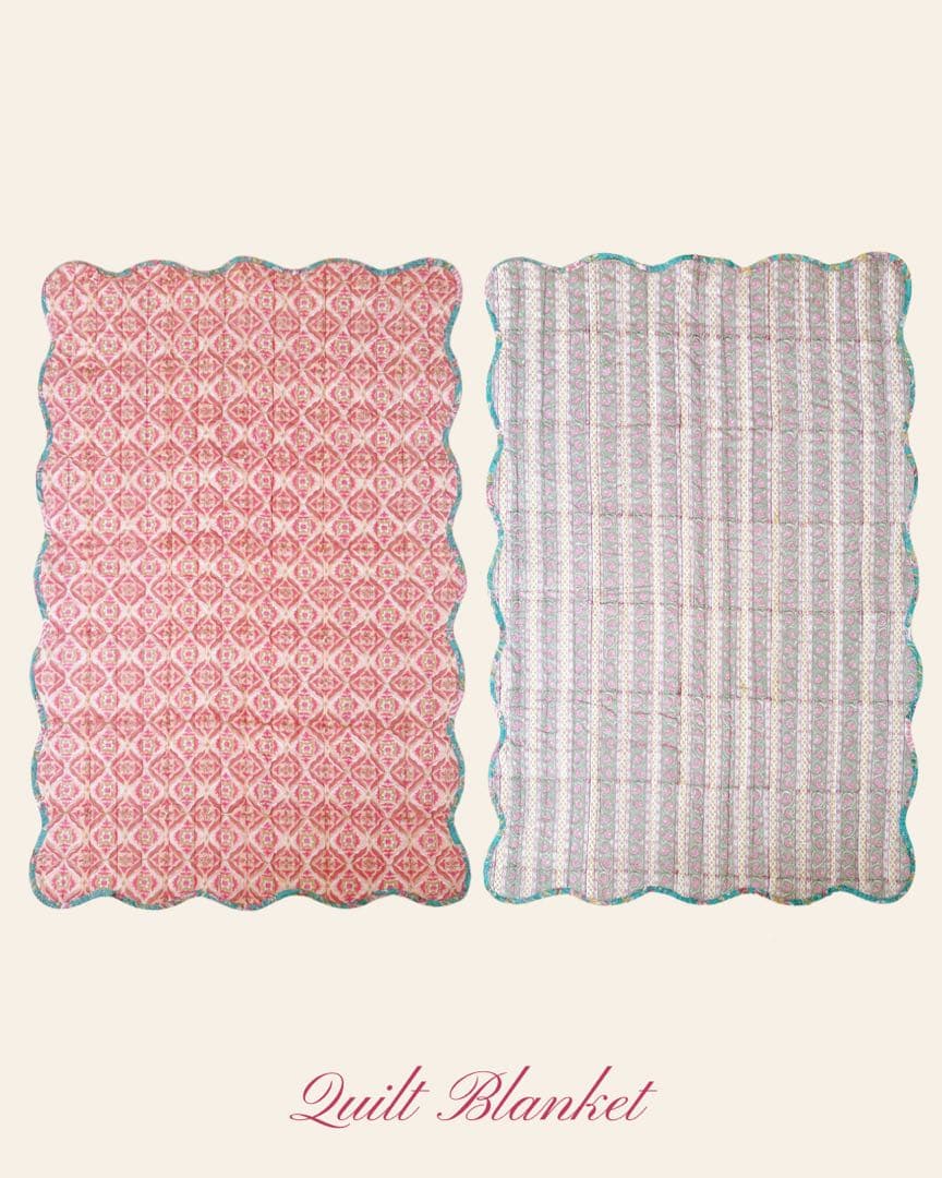 ブロックプリント　うねうねキルトブランケット　オレンジ×グリーン　オリエンタル