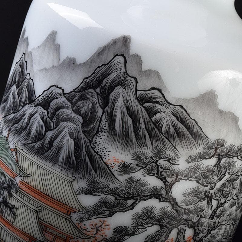 中国　居仁堂製款　山水人物文　盤口瓶　V　R9257