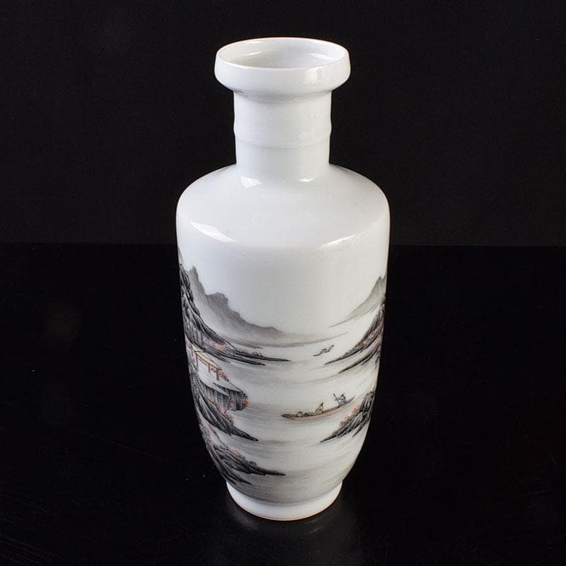 中国　居仁堂製款　山水人物文　盤口瓶　V　R9257