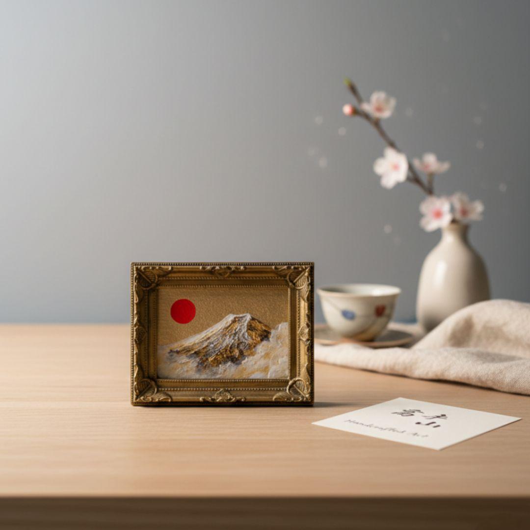油絵 ミニ絵画【黄金富士】額縁・ラッピング付 開運 富士山 原画 風水