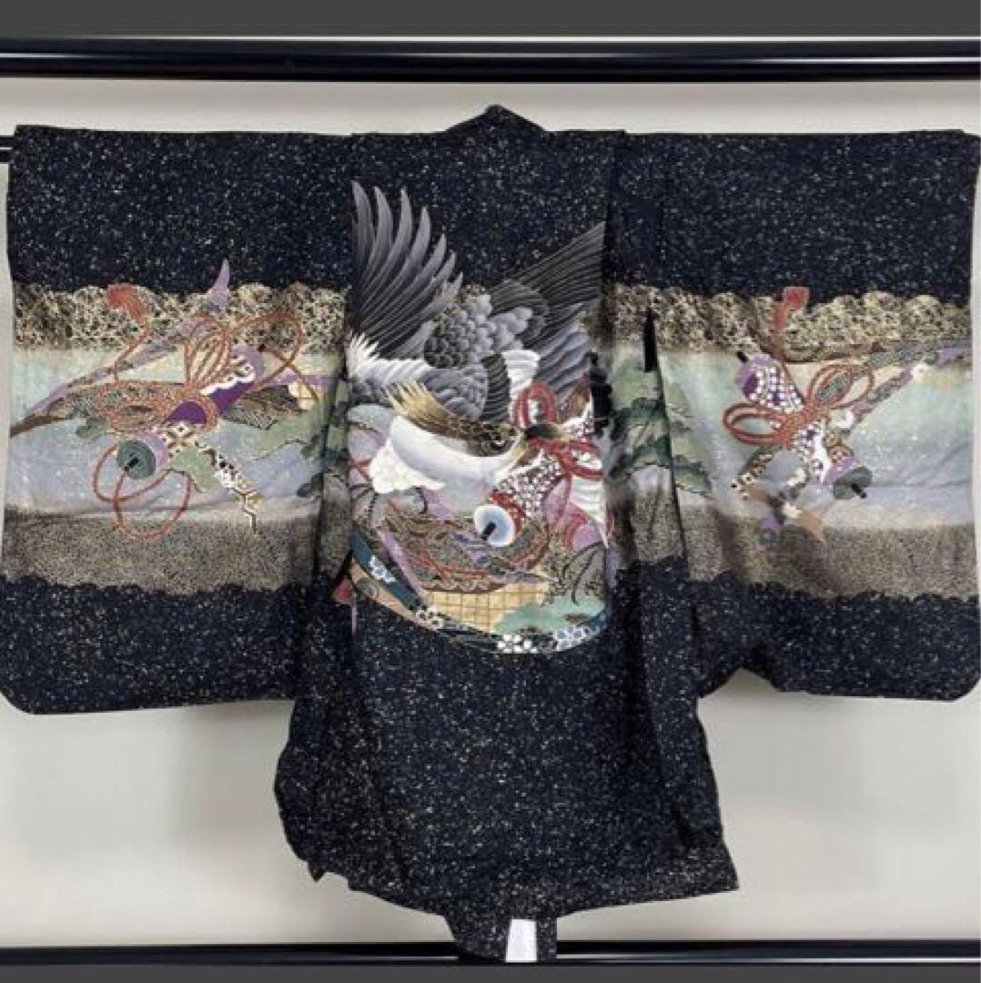 七五三 五歳‼️正絹豪華絢爛黒地金箔ラメキラキラ鷹巻物金彩‼️完全フルセット 揃える
