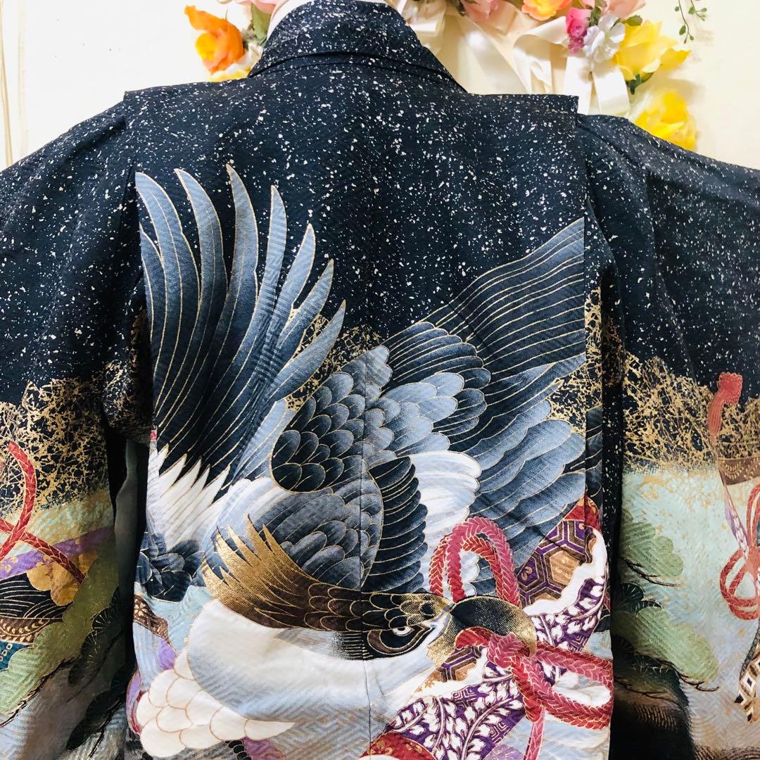 七五三 五歳‼️正絹豪華絢爛黒地金箔ラメキラキラ鷹巻物金彩‼️完全フルセット 揃える