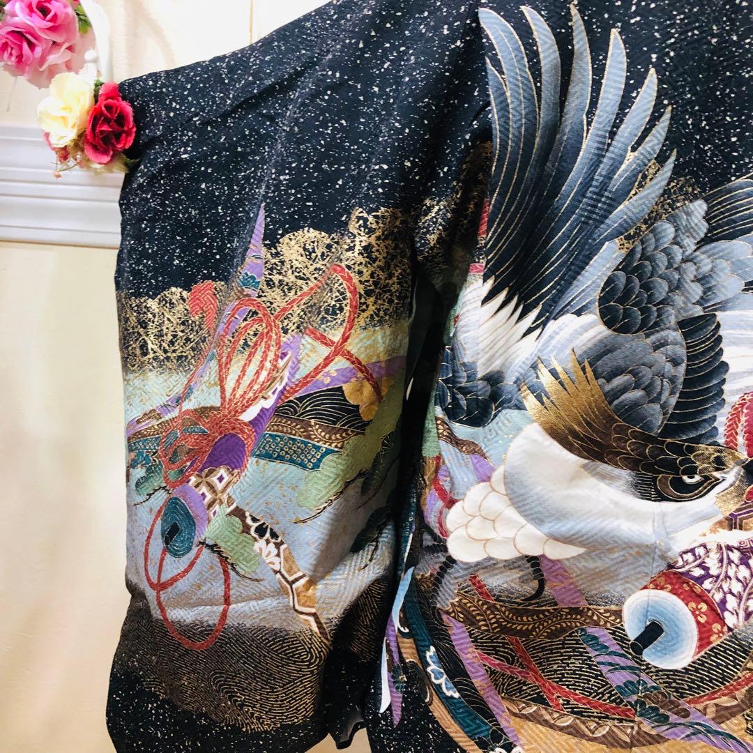 七五三 五歳‼️正絹豪華絢爛黒地金箔ラメキラキラ鷹巻物金彩‼️完全フルセット 揃える