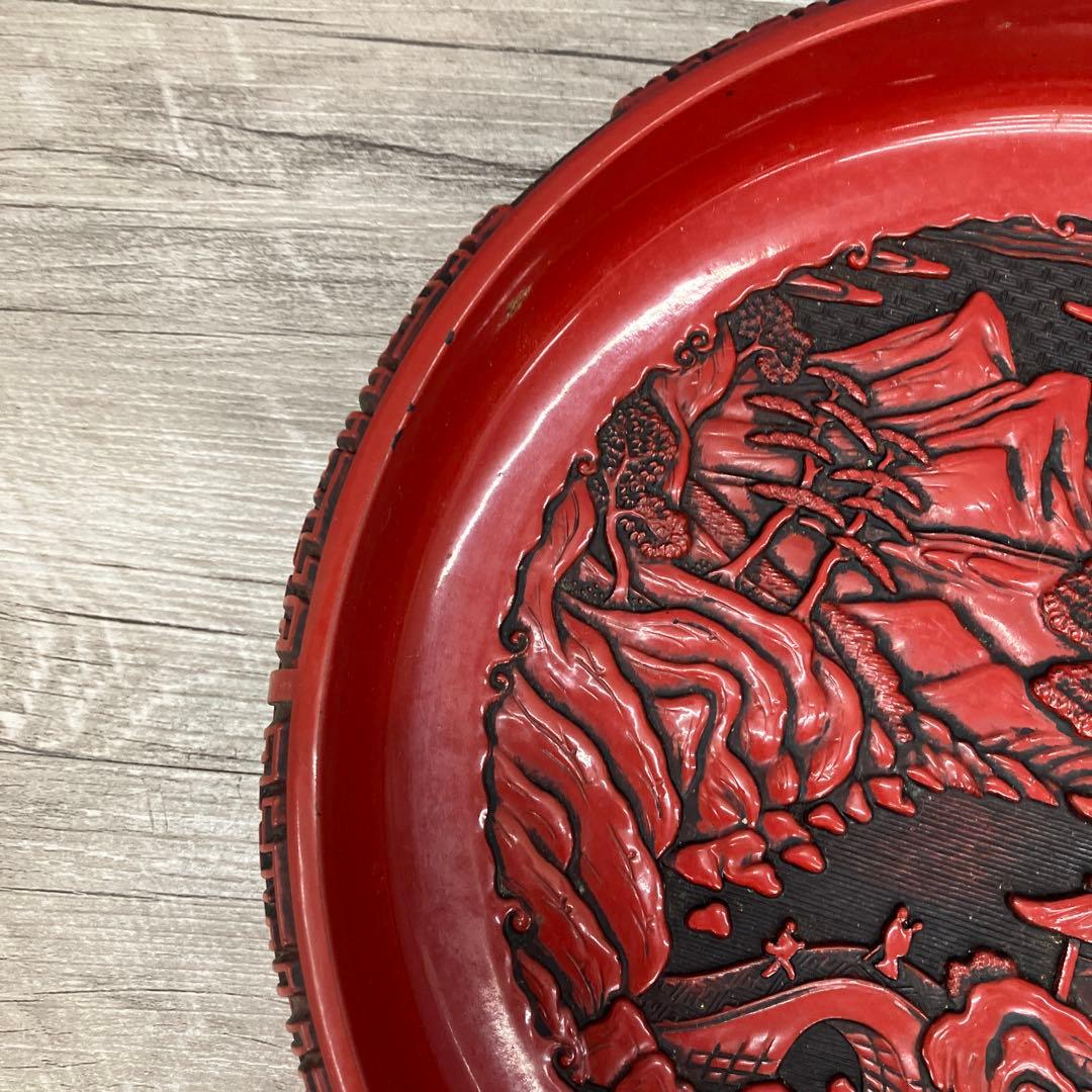 D-4 堆朱 丸盆 山水風景図 彫刻 漆器 盆 竹細工 竹編み 花籠 皿 雑貨