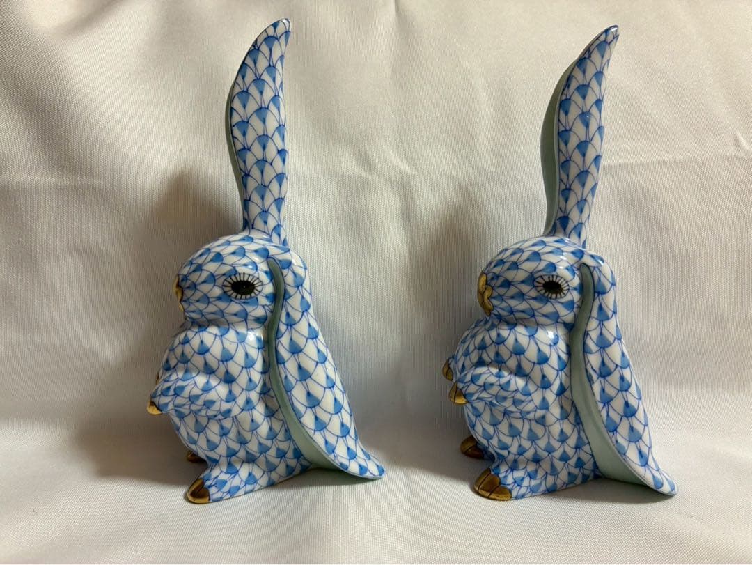 ヘレンド HEREND うさぎ ペア フィギュリン ブルーフィッシュネット金彩