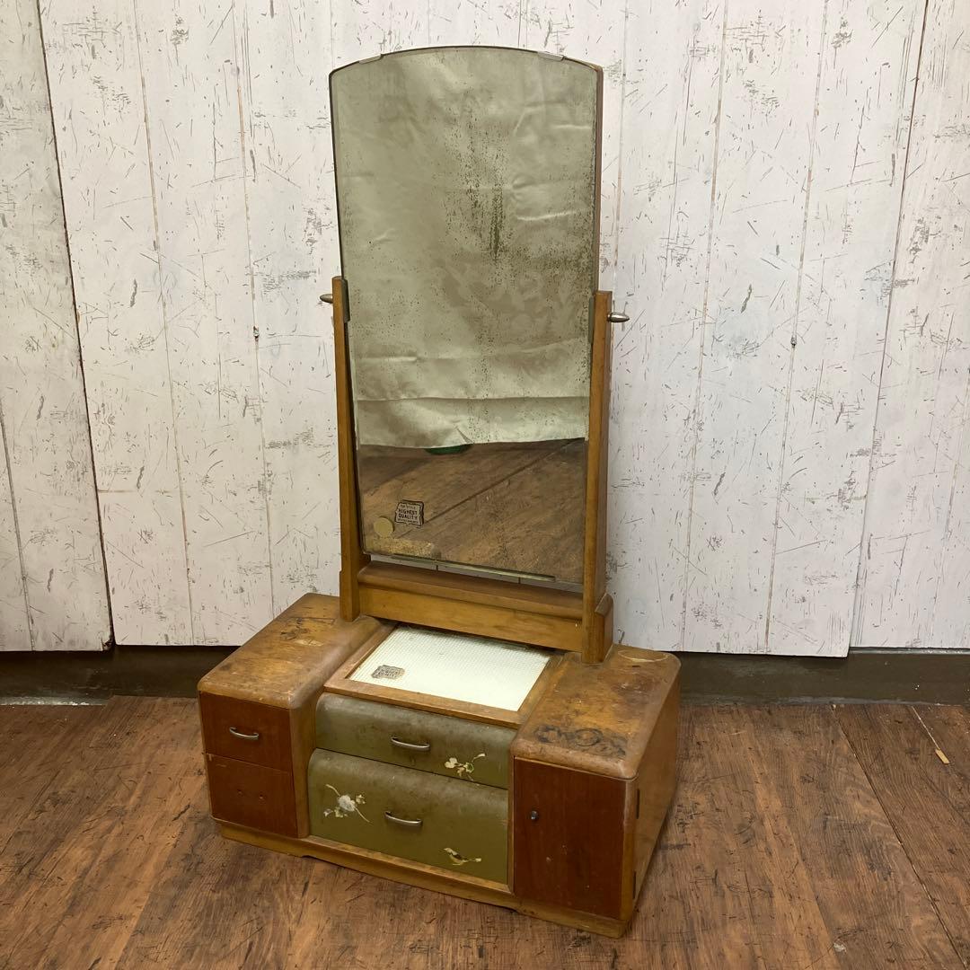 A-4 昭和レトロ 木製 鏡台 化粧台 ドレッサー 一面鏡 花柄 卓上 収納