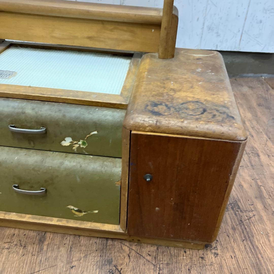 A-4 昭和レトロ 木製 鏡台 化粧台 ドレッサー 一面鏡 花柄 卓上 収納