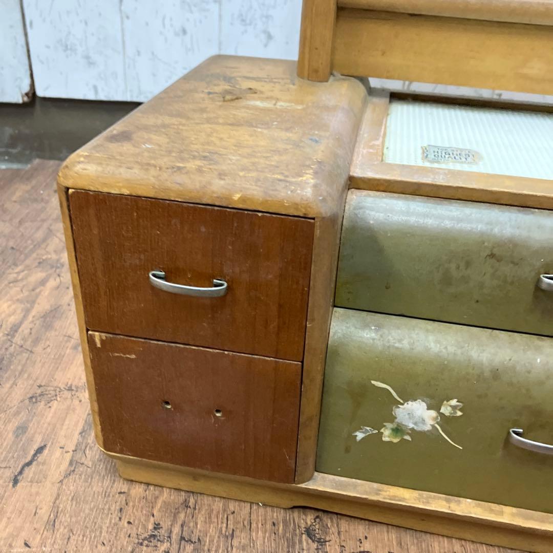 A-4 昭和レトロ 木製 鏡台 化粧台 ドレッサー 一面鏡 花柄 卓上 収納