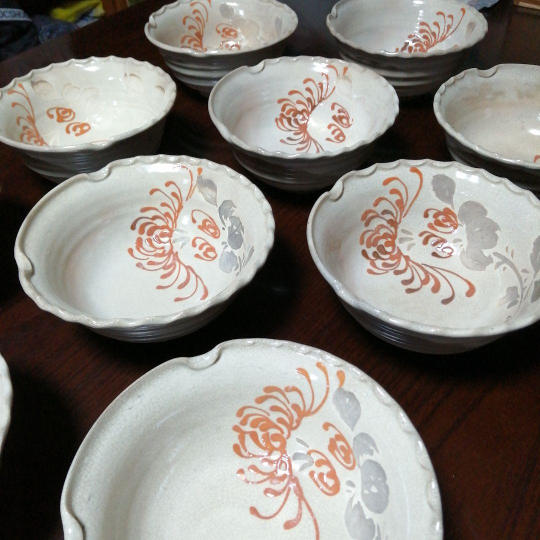 瀬戸焼　爪画御深井ひだ鉢　10客　15.5cm 明治〜大正期