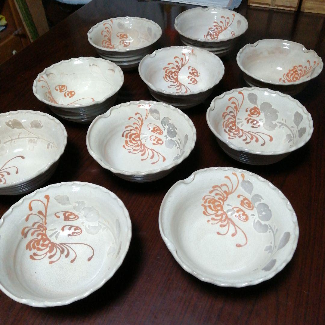 瀬戸焼　爪画御深井ひだ鉢　10客　15.5cm 明治〜大正期