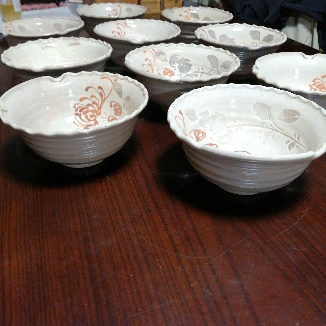 瀬戸焼　爪画御深井ひだ鉢　10客　15.5cm 明治〜大正期