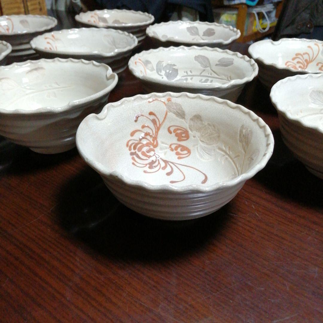 瀬戸焼　爪画御深井ひだ鉢　10客　15.5cm 明治〜大正期