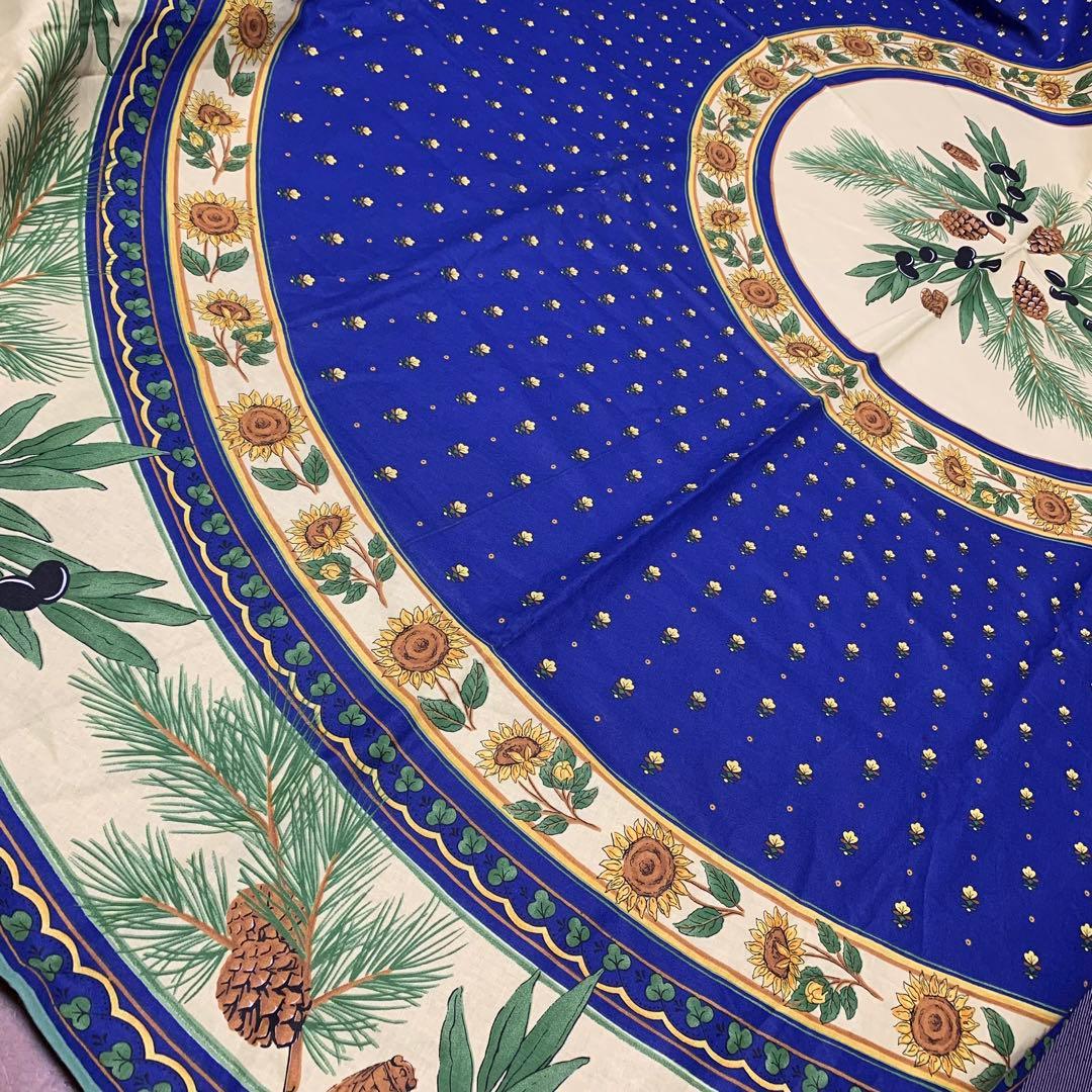 円形　テーブルクロス　夏　ひまわり　蝉　オリーブ　せみ　松ぼっくり