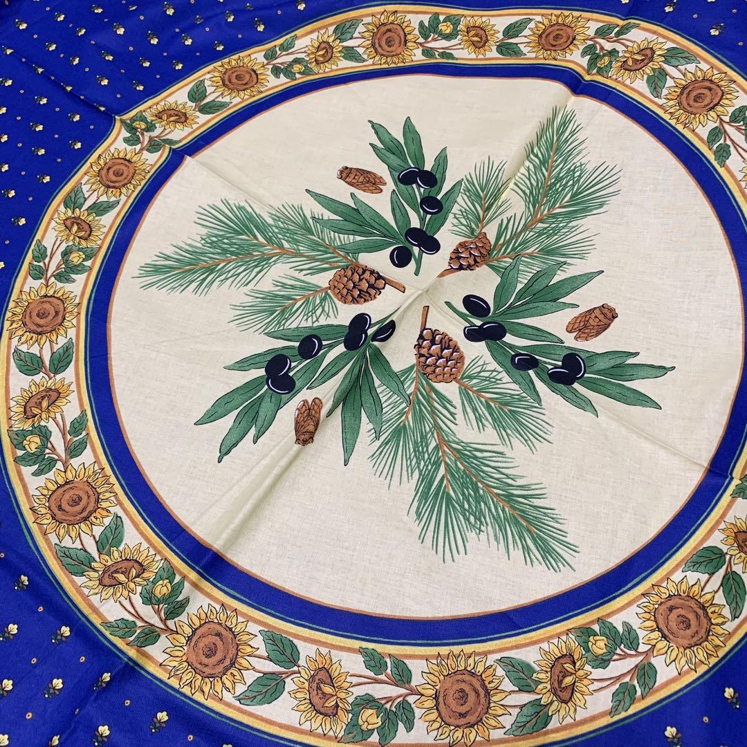 円形　テーブルクロス　夏　ひまわり　蝉　オリーブ　せみ　松ぼっくり