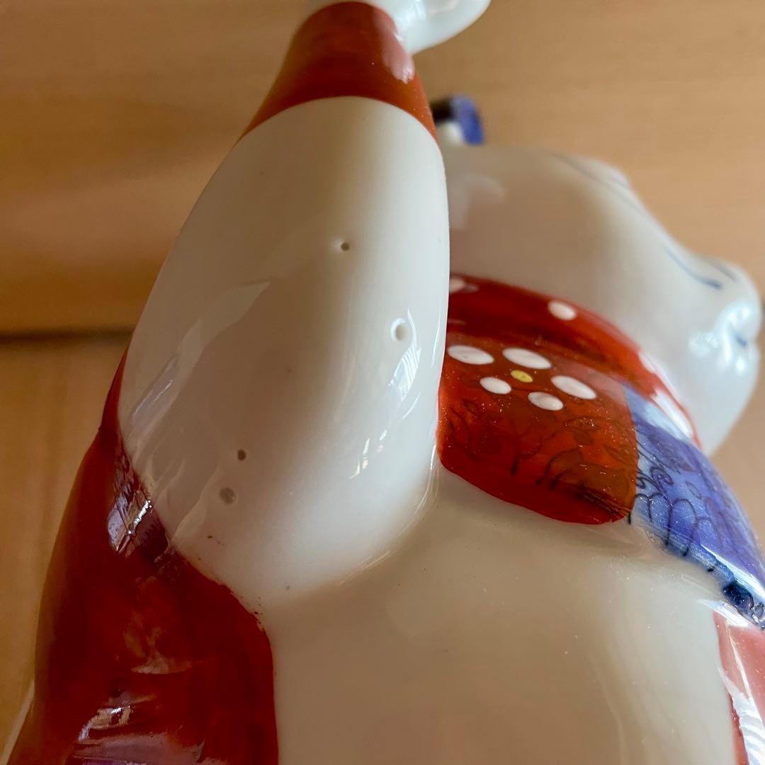 【未使用】赤絵市松猫　招き猫　瀬戸焼　右　 まねきねこ　置物　縁起物