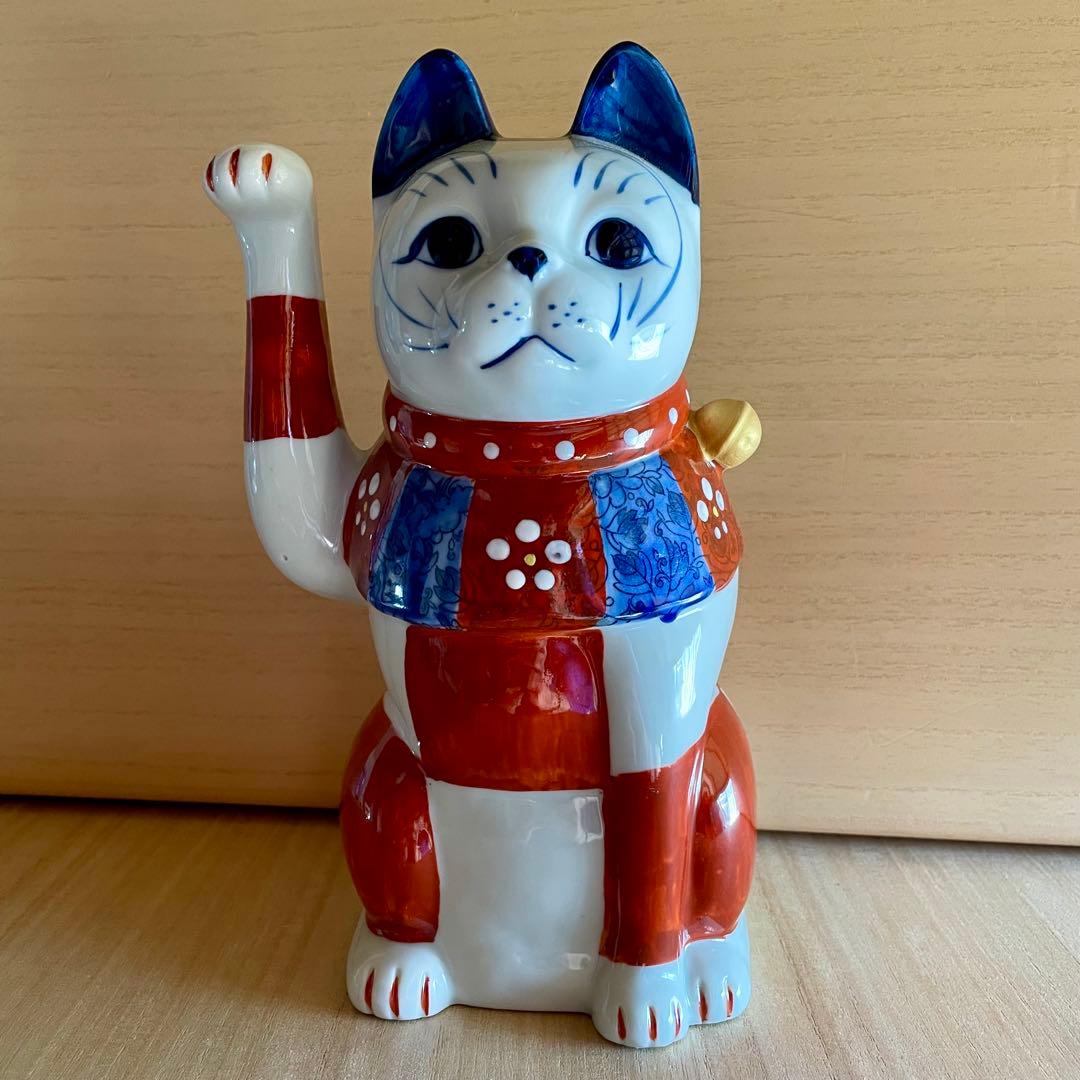 【未使用】赤絵市松猫　招き猫　瀬戸焼　右　 まねきねこ　置物　縁起物
