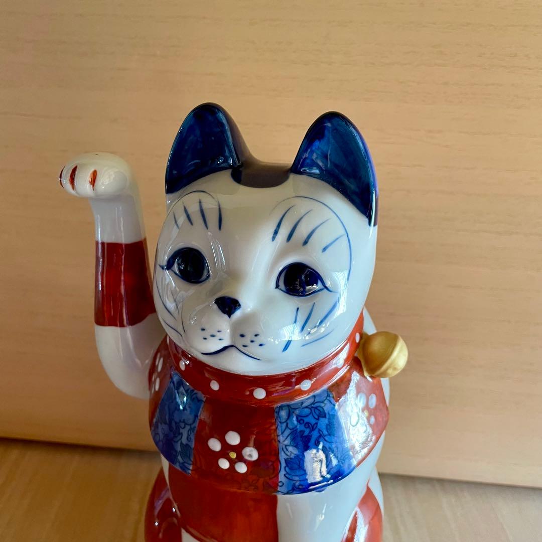 【未使用】赤絵市松猫　招き猫　瀬戸焼　右　 まねきねこ　置物　縁起物