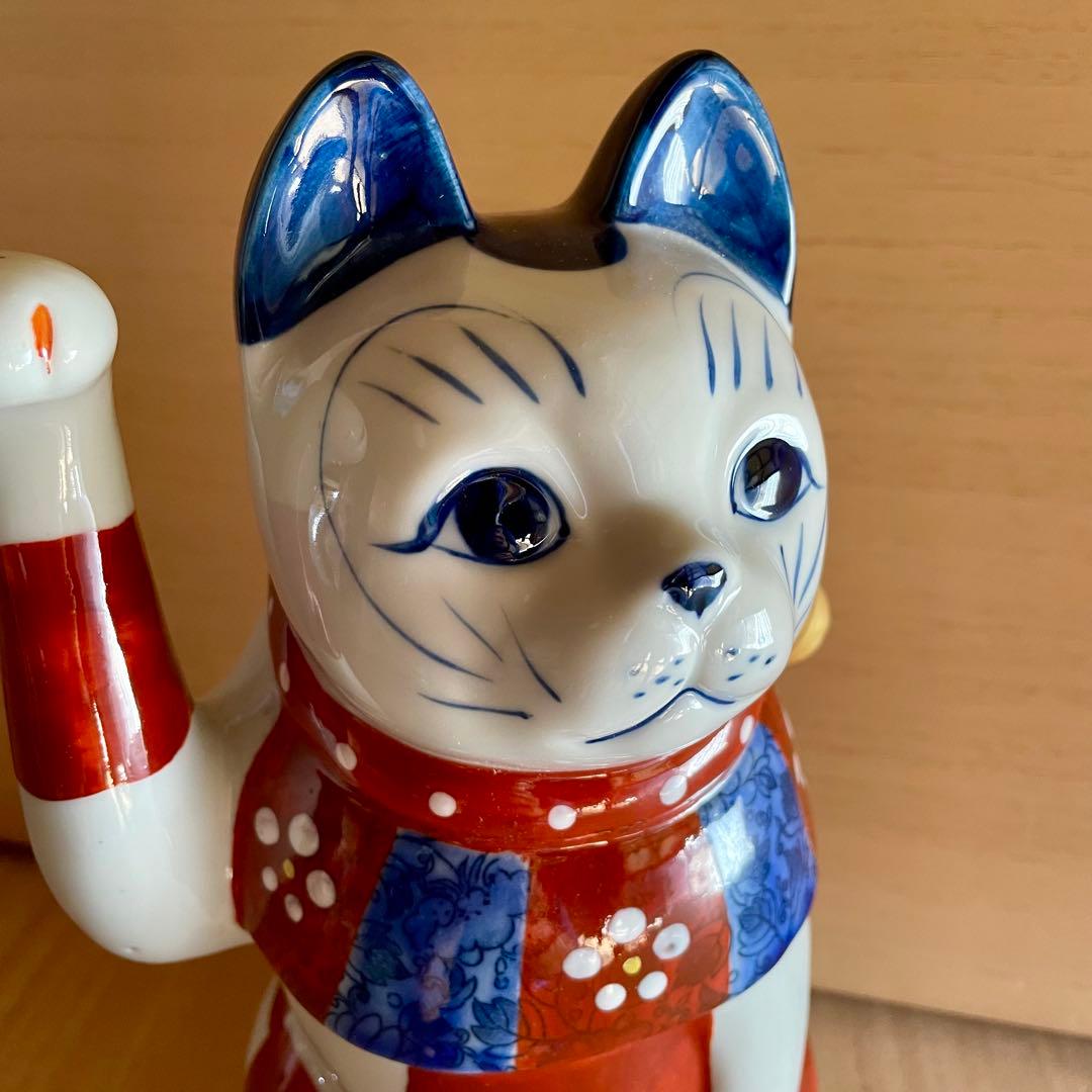 【未使用】赤絵市松猫　招き猫　瀬戸焼　右　 まねきねこ　置物　縁起物